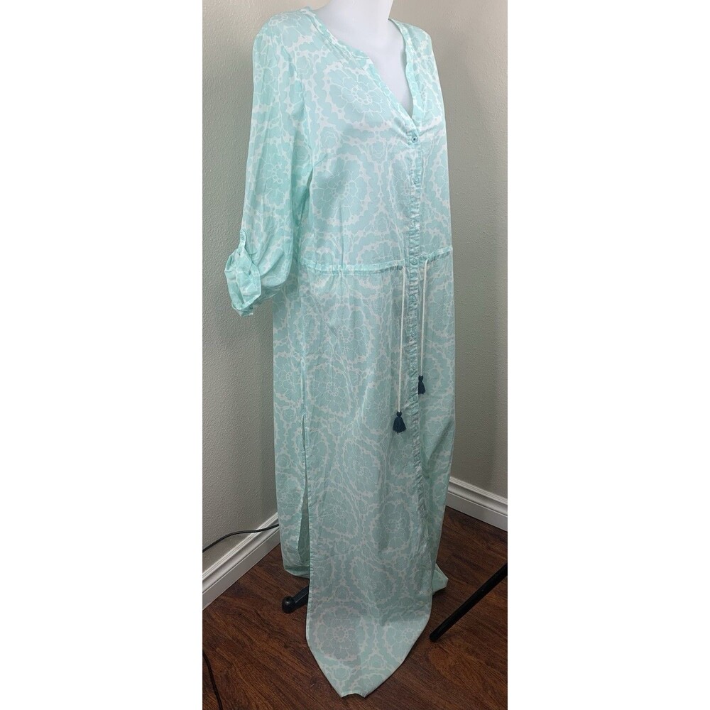 Boden NWT Floral Kaftan Maxi Shirt Dress Turquoise Women’s Sz 14L *Flaw
